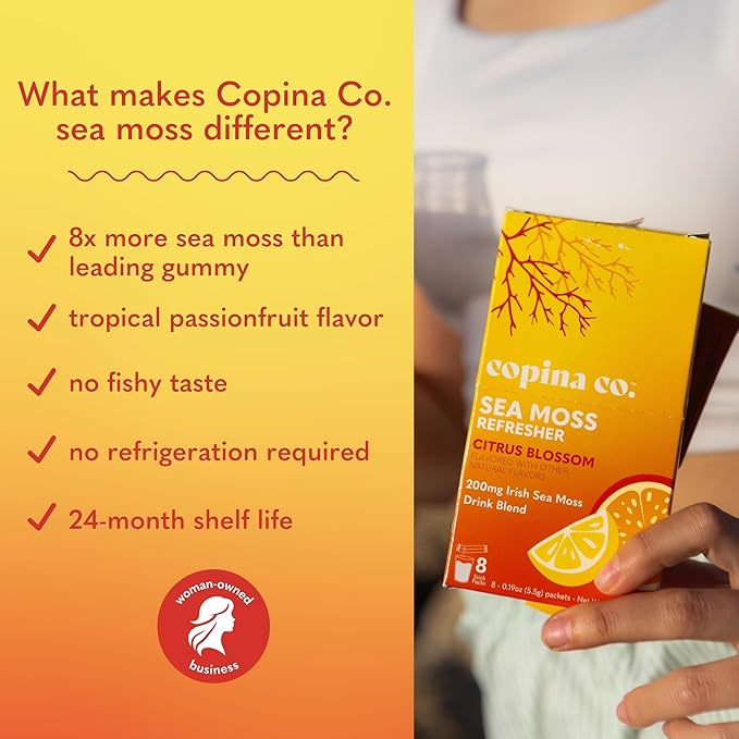 Organic Irish Sea Moss Powder - 200mg Packets - Citrus Blossom Flavored Seamoss Drink with Electrolyte-Rich Coconut Water for Natural Hydration Muscle Recovery - 8 Stick Packs