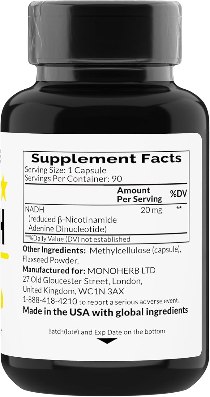 MONOHERB NADH 20 mg - 90 Vegetarian Capsules - Reduced Nicotinamide Adenine Dinucleotide Supplement