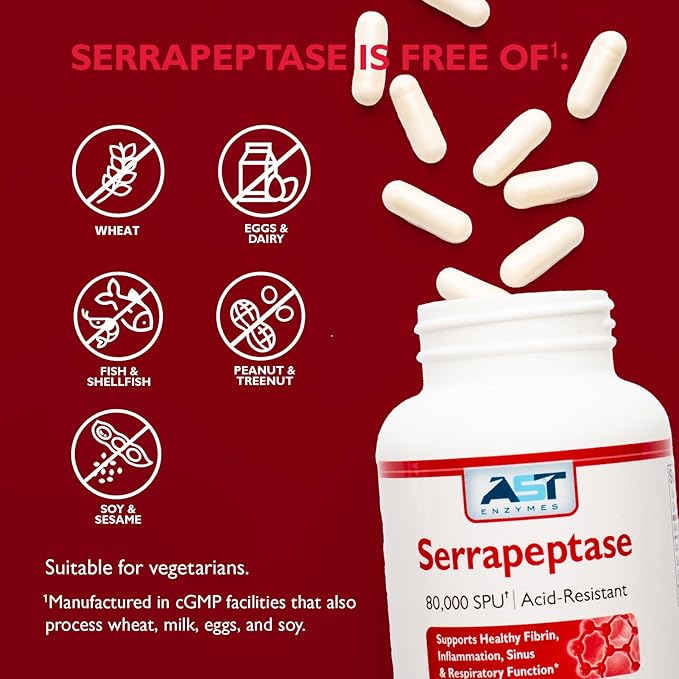AST Enzymes Serrapeptase 80000 SPU – 300 Vegetarian Capsules - Premium Natural Systemic Enzymes – Acid-Resistant Serrapeptase