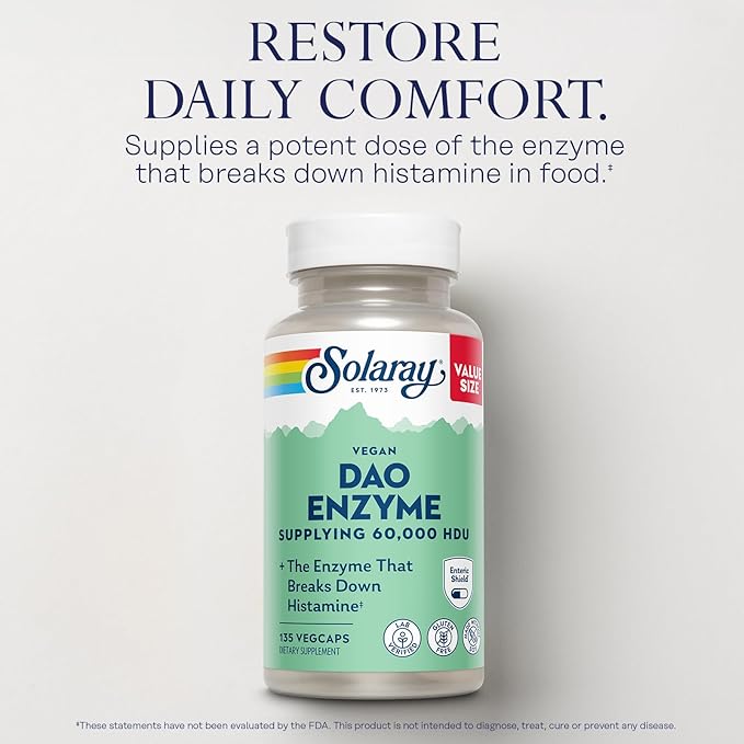 SOLARAY DAO Enzyme - Digestive Enzyme That Breaks Down Histamine - 60000 HDU - Digestive Enzymes - Vegan Gluten Free Lab Verified - 135 Servings 135 VegCaps