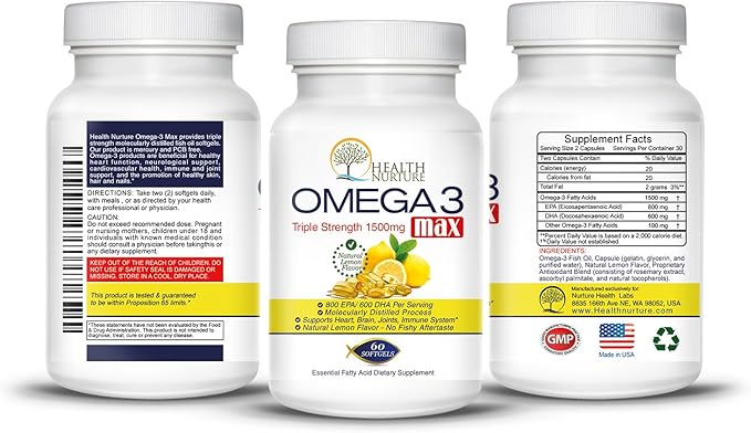 Fish Oil Omega-3 Maximum Strength 1500mg (800 EPA/600 Dha) Pharmaceutical Grade Fish Oil