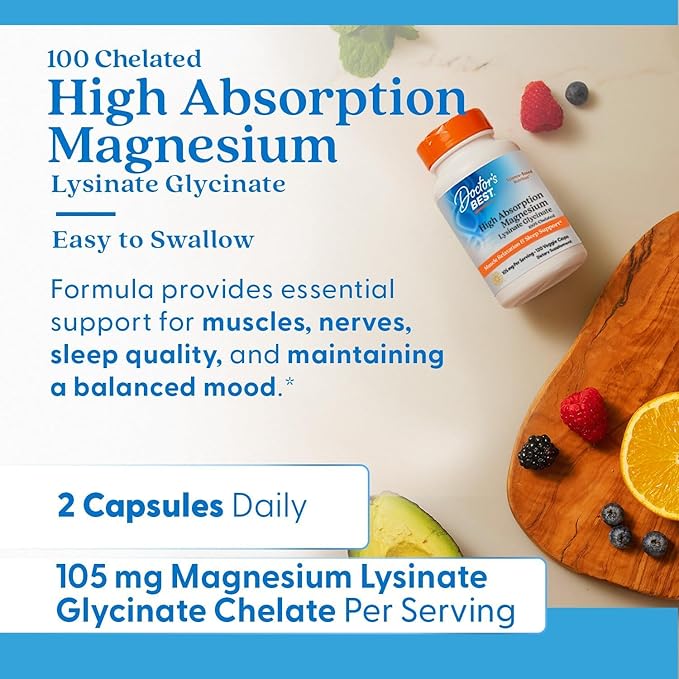 Doctor's Best High Absorption Magnesium Glycinate Lysinate 100% Chelated Non-GMO Vegan 120 Veggie Capsule (Pack of 1)