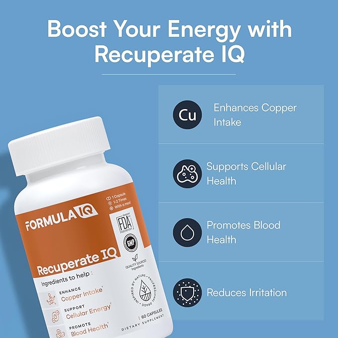 Formula IQ - Recuperate IQ - 5-in-1 Copper Supplements with Copper Bisglycinate - Easy-to-Swallow 2 mg Capsules - High Absorption Boosts Energy - 60 Capsules