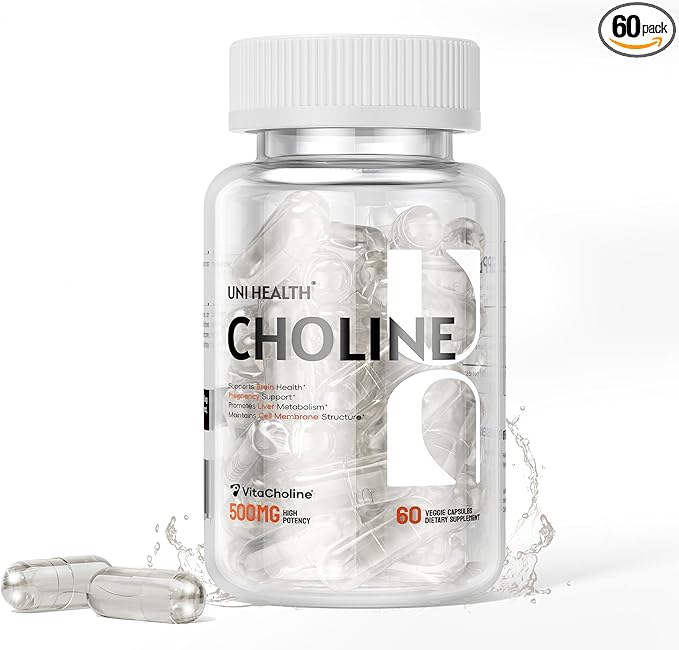UniHealth® Choline 500 mg with VitaCholine® 60-Day Supply Liquid Vegan Capsules for Prenatal Choline Supplement Brain Health Cognitive Performance &amp Liver Support Non-GMO Gluten-Free USA Ma