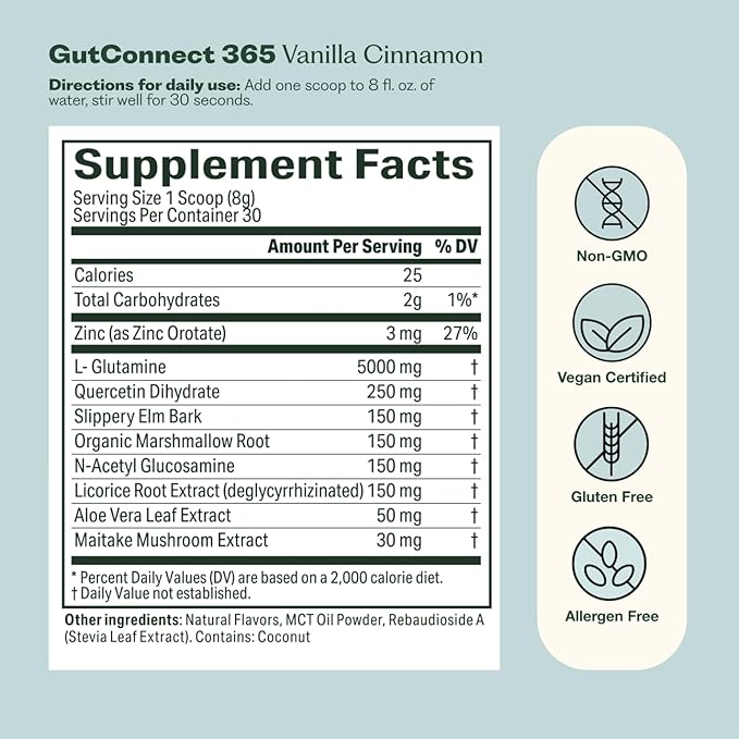 GutConnect 365 Gut Health Superfood Powder | Formulated With Slippery Elm Bark &amp L Glutamine | Vegan Certified | Allergen Free | Non-GMO | Soy Free | Made in the USA | 30 Servings – Vanilla Cinnam