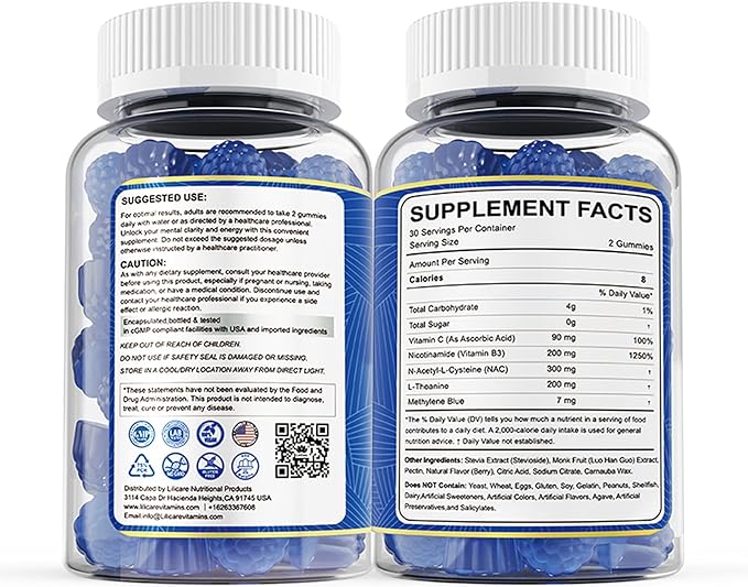 LILICARE Men's Methylene Blue Gummies 7mg Methylene Blue for Humans Supplement w/NAC VIT B3 &amp L-Theanine Brain &amp Mitochondrial Support Enhances Energy Focus and Cognitive Sugar Free 60