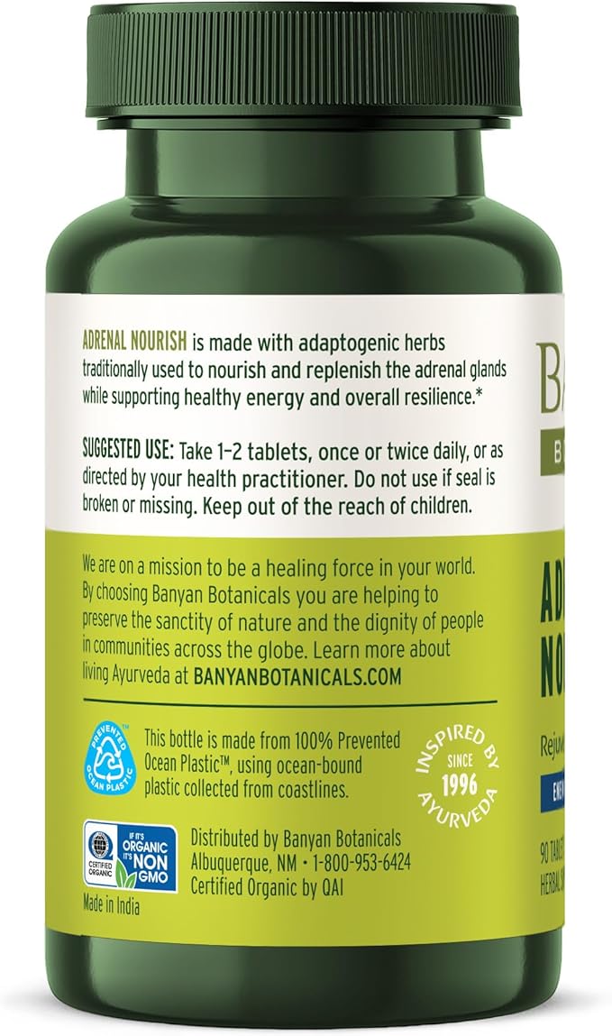 Banyan Botanicals Organic Adrenal Nourish - Cortisol Support &amp Stress Relief Supplement - Natural Energy &amp Fatigue Support with Ashwagandha &amp Adaptogens - 90 Tablets - Non-GMO Vegan*