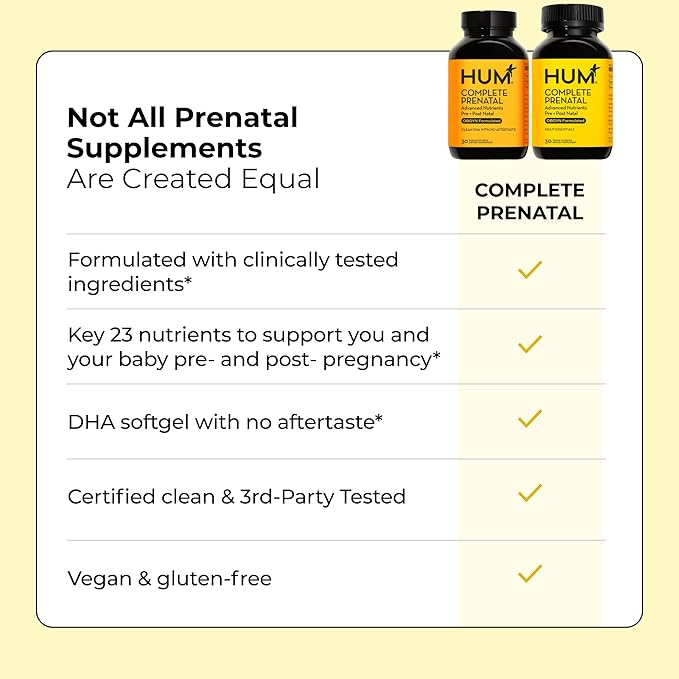 HUM Complete Prenatal Multivitamin for Women with Folate DHA and Choline 23 Nutrients for Daily Support Gluten Free Non GMO Supplement for Pre During and Post Pregnancy 30 Vegan Capsules