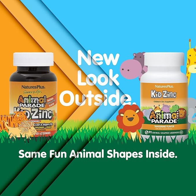 NaturesPlus Animal Parade KidZinc Tangerine Flavor - 90 Animal-Shaped Lozenges Pack of 3 - Organically Chelated Zinc - Vegan Gluten Free - 270 Total Servings