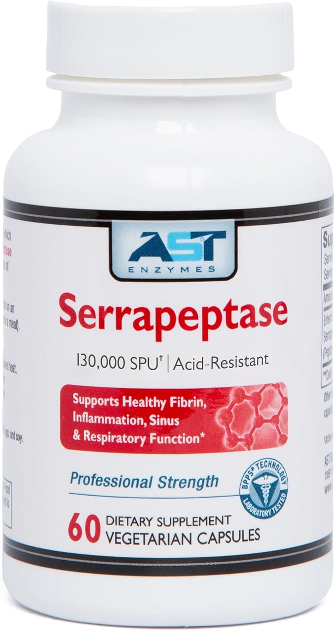 AST Enzymes Serrapeptase 130000 SPU – 60 Vegetarian Capsules – Premium Natural Systemic Enzymes –Acid-Resistant Serrapeptase