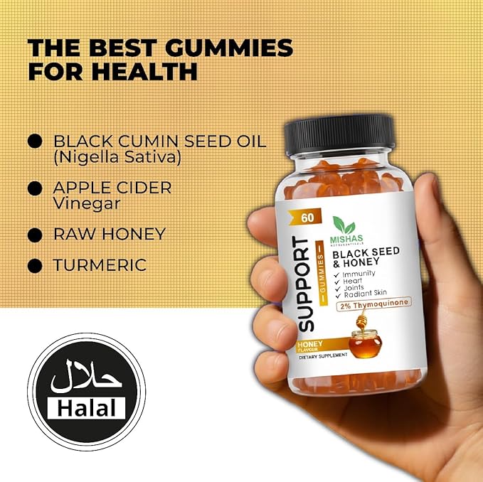 Mishas Nutraceuticals Black Seed Oil and Honey Gummies 2% Thymoquinone Immune Support Joint Health 60 Count