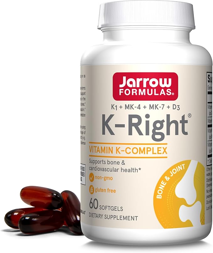Jarrow Formulas K-Right - Vitamin K-Complex (K1 MK-4 MK-7 D3) - 60 Servings (Softgels) - Dietary Supplement for Bone &amp Cardiovascular Health Support - Vitamin K2 MK-7 - Gluten Free