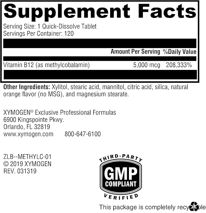 XYMOGEN Methylcobalamin - 5 mg Vitamin B12 - Supports Healthy Methylation Neurological Health &amp Red Blood Cell Formation - Non-GMO &amp Gluten Free - 120 Quick-Disssolve Tablets
