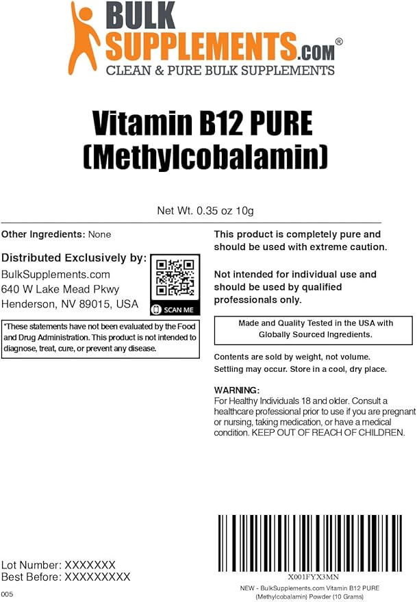 BulkSupplements.com Pure Vitamin B12 Methylcobalamin Powder - Vitamin B12 Supplements Pure Product - Multiple Servings 10g (0.35 oz) (Pack of 1)