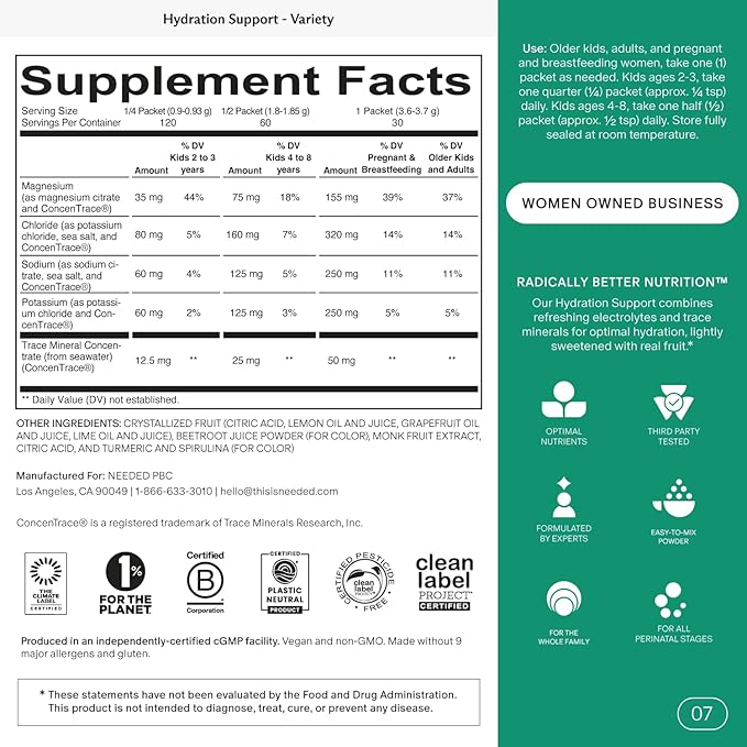 Needed. Hydration Support with Electrolytes &amp Trace Minerals – Electrolytes for Pregnancy &amp During Lactation - 30 Hydration Packets Lightly Sweetened with Real Fruit Variety