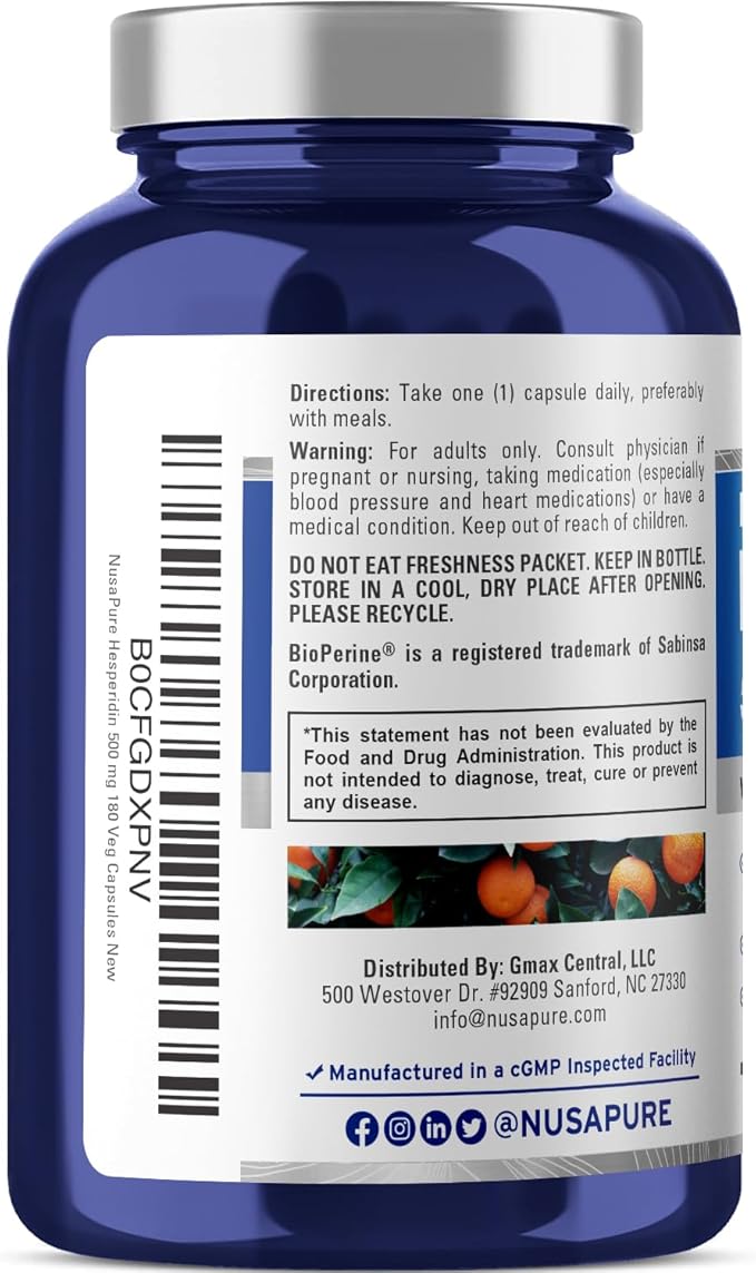 NusaPure Hesperidin 500 mg per Veggie Caps - 180 Capsules (BioPerine High Absorption Non-GMO)