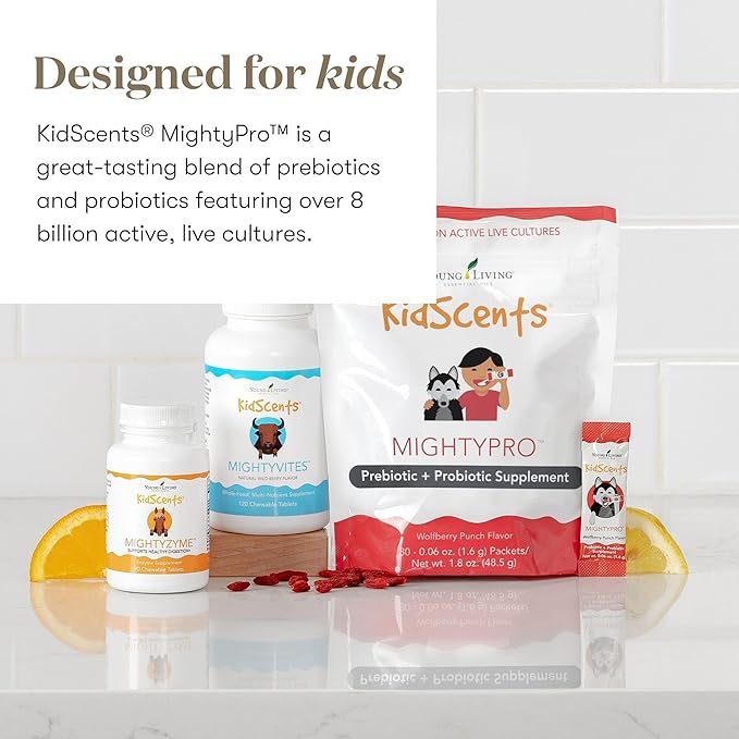 Young Living KidScents MightyPro Prebiotic &amp Probiotic Blend with 8 Billion Live Cultures Supports Digestive &amp Immune Health in Children Convenient Single-Dose Packets for Healthy Gut and
