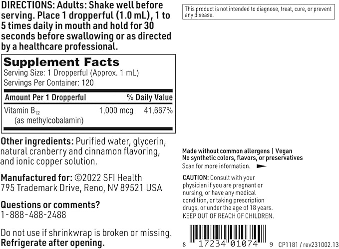 SFI Health Klaire Labs Vitamin B12 Liquid - Methylcobalamin B12 Drops - Formulated for Superior Absorption - Support Healthy Cognition &amp Efficient Nutrient Delivery - Vegan (120 Servings 4 Fl Oz)
