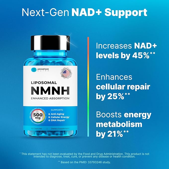 Liposomal NMNH (Dihydronicotinamide Mononucleotide) 500mg - NR Supplement Alternative - Anti Aging NAD Supplement to Boost NAD Plus Levels Energy Focus - High Purity 60 capsules (2 packs)