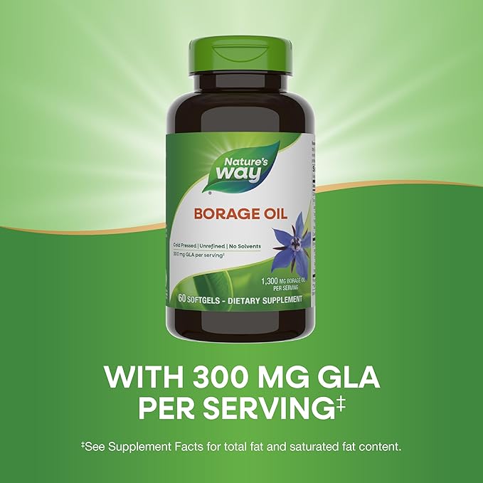 Nature's Way Borage Oil Supplements Cold Pressed &amp Unrefined 300 mg GLA and 440 mg Linoleic Acid per Serving 60 Softgels (Packaging May Vary)