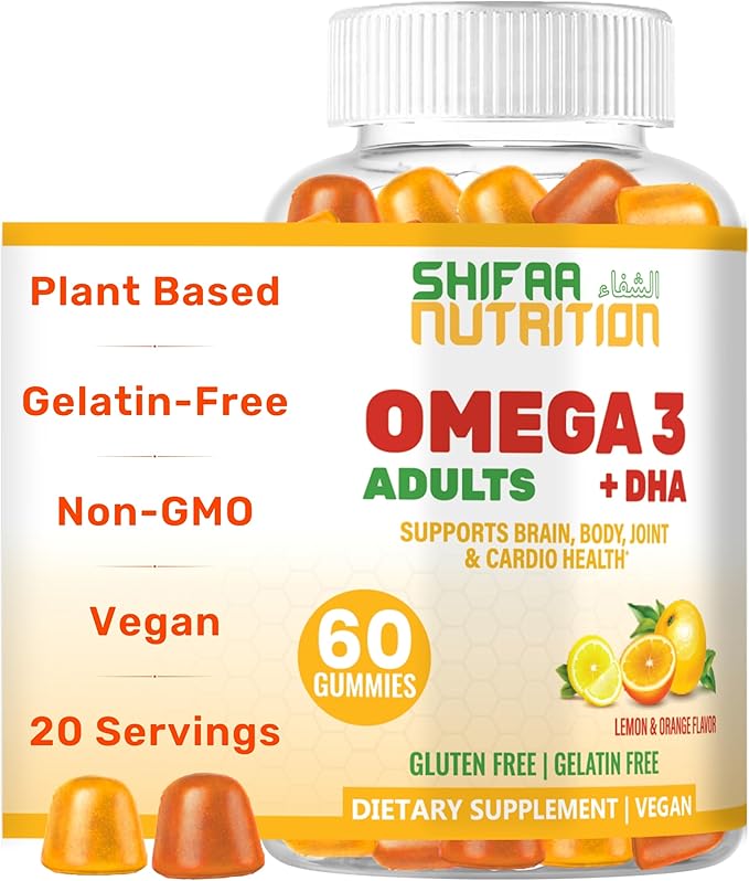 SHIFAA NUTRITION Vegan Omega 3 Gummies for Adults | No Fish Oil Burps | 60 Gummies | Plant Based w/Chia Oil Algae | Omega 3 6 9 w/DHA Vitamin C | for Brain Cardiovascular &amp Immune Support Halal