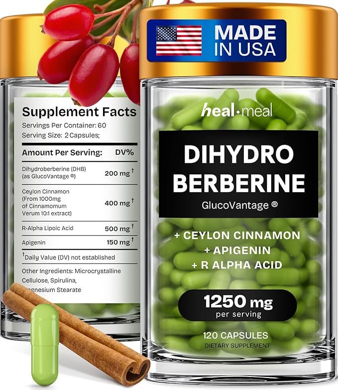 Dihydroberberine Supplement - Dehydro Berberine Organic - Super Berberine Supplement with Ceylon Cinnamon &amp R Alpha Lipoic Acid &amp Apigenin - Hydroberberine 120 caps (1 Pack)