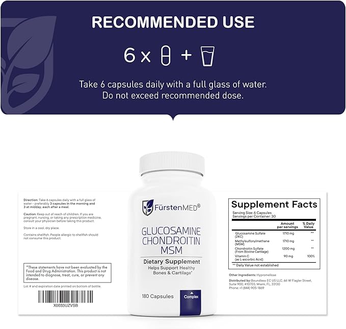 FürstenMED Glucosamine Chondroitin MSM Supplement - Chondroitin &amp Glucosamine Nutritional Supplements for Bones &amp Normal Cartilage Health - Support Normal Joint Health with Vitamin C - 180 Cap