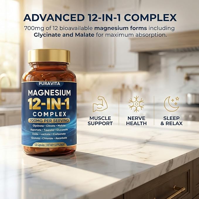 Puravita Magnesium Complex Puravita 12 in 1 Magnesium Supplement 700mg with Glycinate Citrate Malate Oxide Taurate &amp More – High Absorption for Muscle Nerve &amp Sleep Support 120 Capsules
