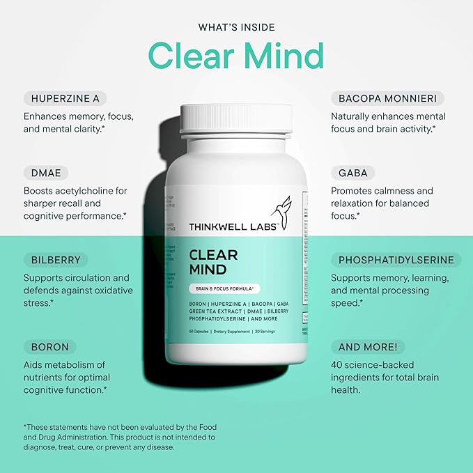 Brain Supplements for Memory and Focus for Women and Men Focus Supplement Memory Supplement for Brain Nootropic with Boron Huperzine A Phosphatidylserine (40-in-1 60 Capsules)