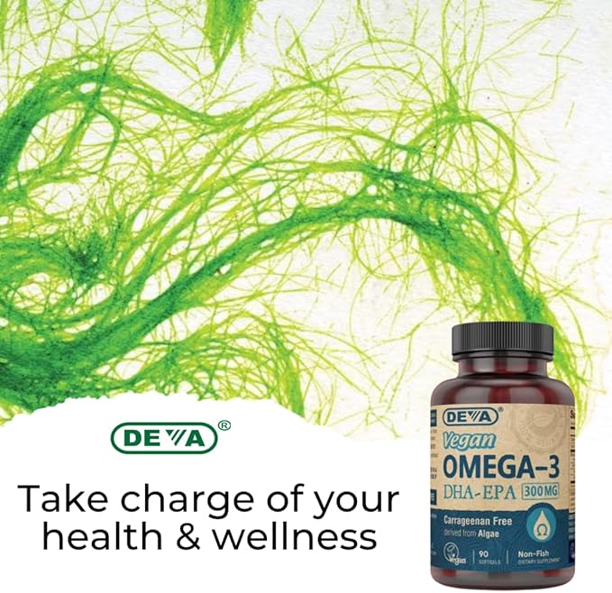DEVA Vegan Omega-3 DHA Supplement Once-Per-Day Softgel 200 MG Carrageenan Free Gelatin Free Non-Fish Algae Oil Omega-3 Fatty Acids - 90 Softgels