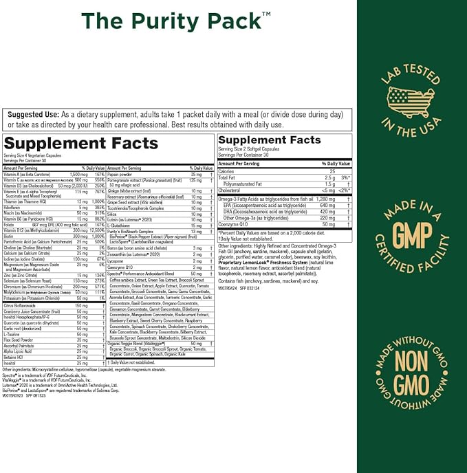 Purity Products Purity Pack (Elite Multi + Fish Oil + COQ10) - 1280mg of EPA + DHA + Omega-3's from Ultra Pure Fish Oil - Power Packed with Vitamins Minerals Super Fruits &amp More - 30 to-Go Packe
