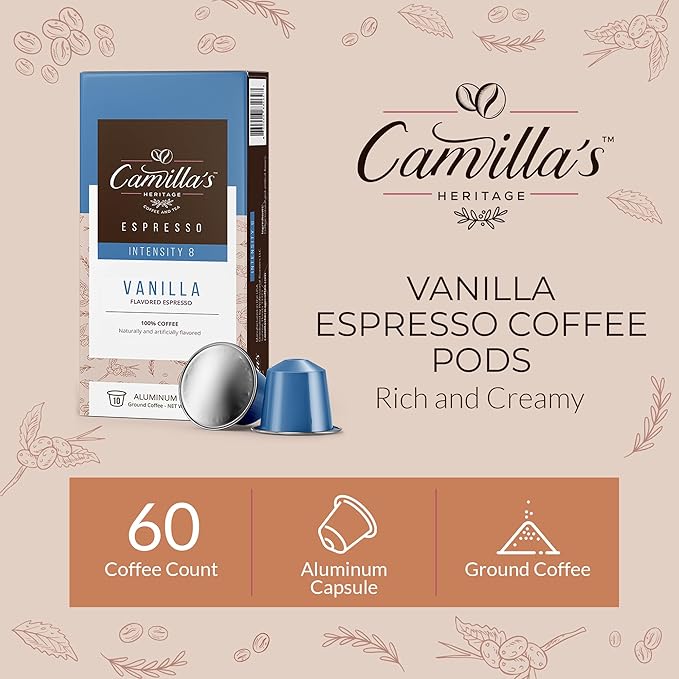 Camilla’s Heritage - Intensity 8 Vanilla Flavored Espresso Coffee Gourmet Espresso Cups 60 Coffee Pods