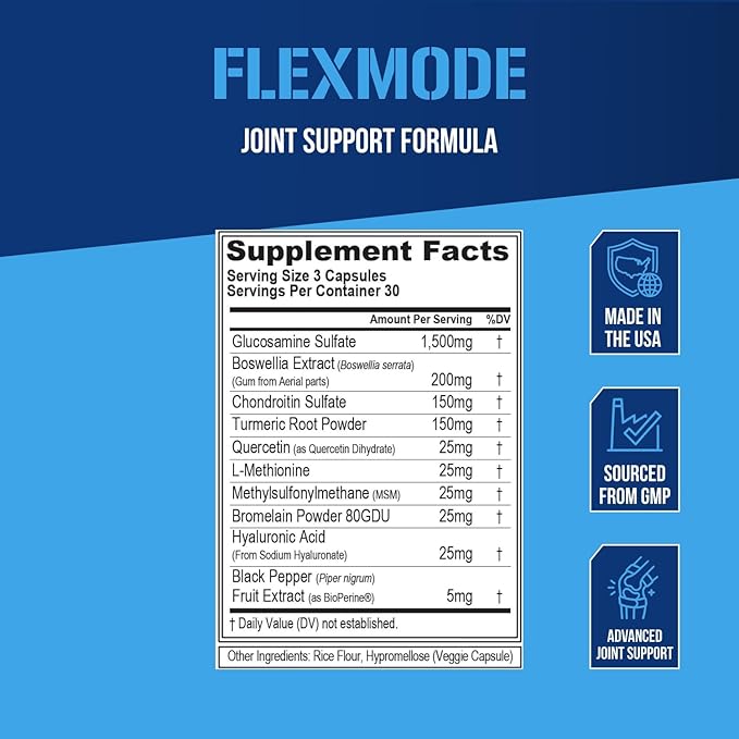 Evlution High Absorption Joint Support Supplement FLEXMODE Joint Supplement with Advanced Joint Vitamins Including Glucosamine Chondroitin MSM Boswellia and Hyaluronic Acid - 30 Servings