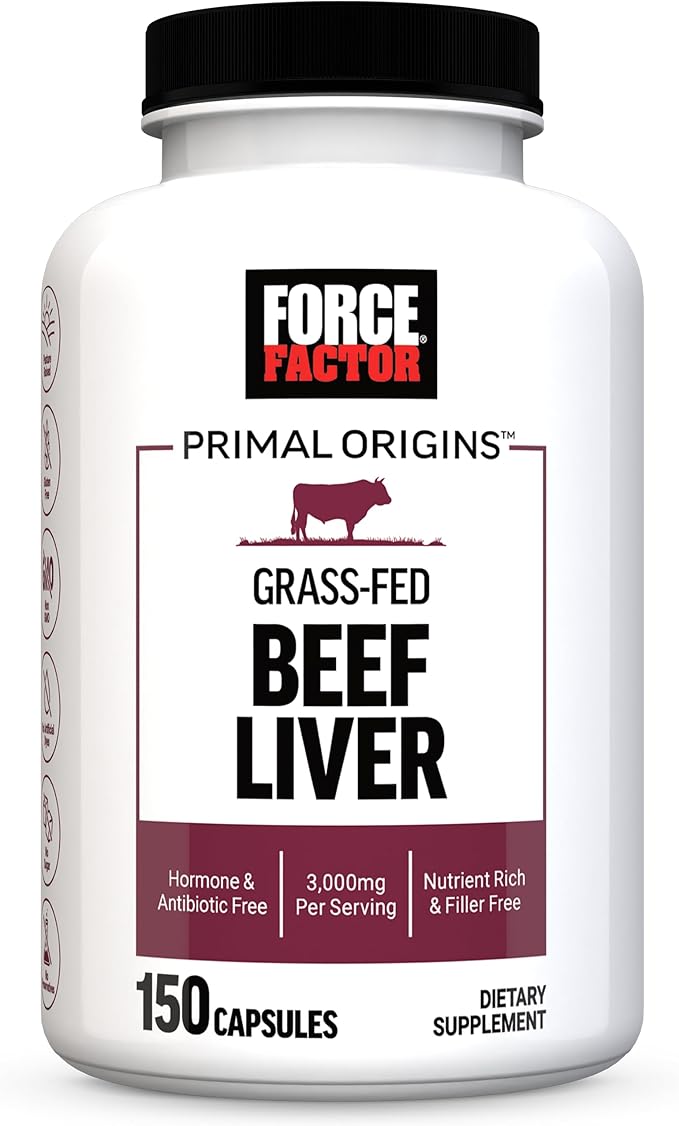 FORCE FACTOR Primal Origins Beef Liver Capsules Grass Fed Beef Organ Supplement Pasture-Raised Hormone &amp Antibiotic Free Non-GMO 150 Capsules