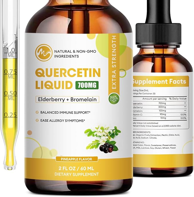 Quercetin Liquid Drops - Quercetin Supplements 700mg - 4X Stronger Than Pills &amp Capsules - 5 in 1 Quercetin with Bromelain Elderberry Vitamin for Immunity Health Respiratory Health Skin Care- 2 Fl