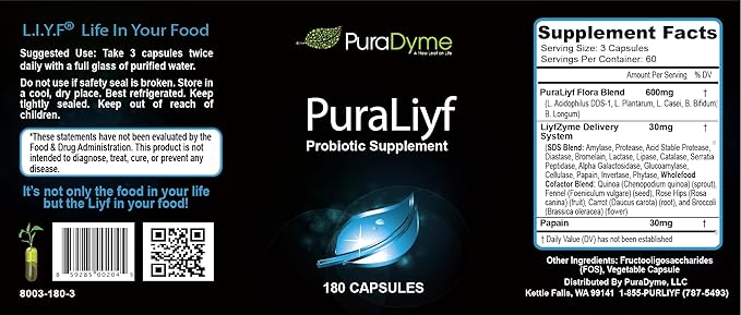 PuraDyme PuraLiyf Digestive Enzymes with Probiotics | Probiotic Supplement Enhanced with Proteolytic Enzymes for Digestion by Lou Corona | 180 Capsules