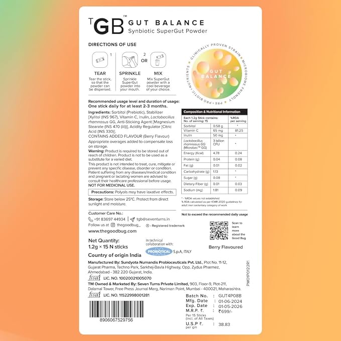 The Good Bug Gut Balance Stick for Gut Health Strong Digestion &amp Immunity | Probiotics + Inulin + Vitamin C | for Men &amp Women | 3Bn CFU of Clinically Proven Strains | 90 Days Pack