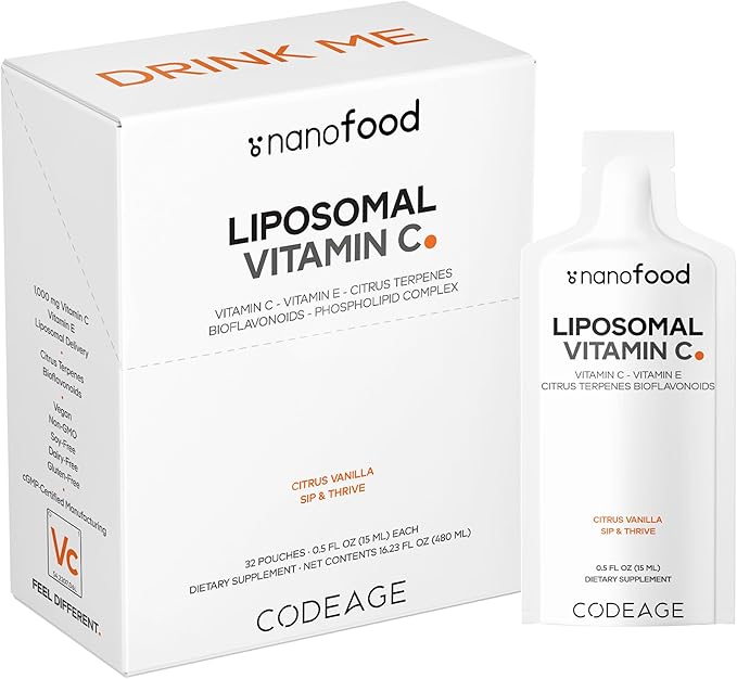 Codeage Liposomal Vitamin C Liquid 1000mg Vitamin C 4000mg Essential Phospholipids Supplement For Daily Immune Support Liposomes For Absorption Citrus Bioflavonoids Vitamin E Non-GMO 32 Pouches