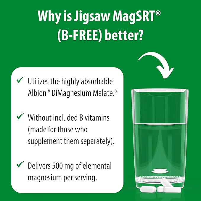 Jigsaw Health MagSRT (B-Free) | Premium Organic Slow Release Magnesium Supplement | Active Bioavailable Magnesium Malate Tablets | 240 Tablets | 60 Servings