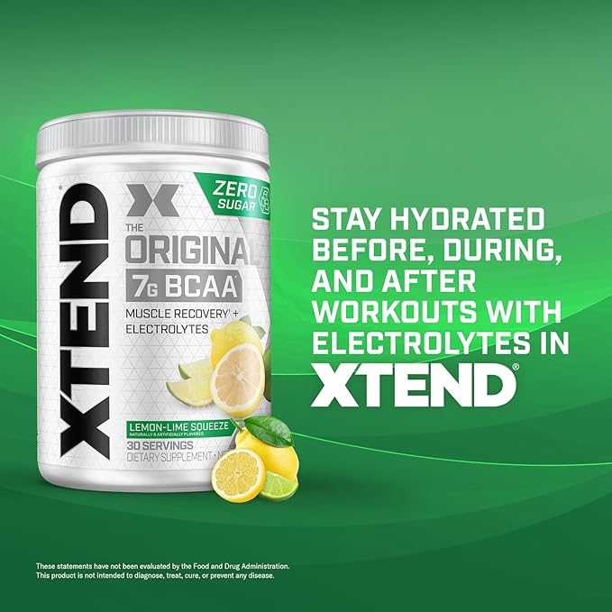 Xtend Original BCAA Powder 7g BCAAs and 2.5g L-Glutamine for Muscle Recovery Hydration and Lean Muscle Sugar Free Intra and Post Workout Drink with Electrolytes Lemon Lime Squeeze 30 Servings