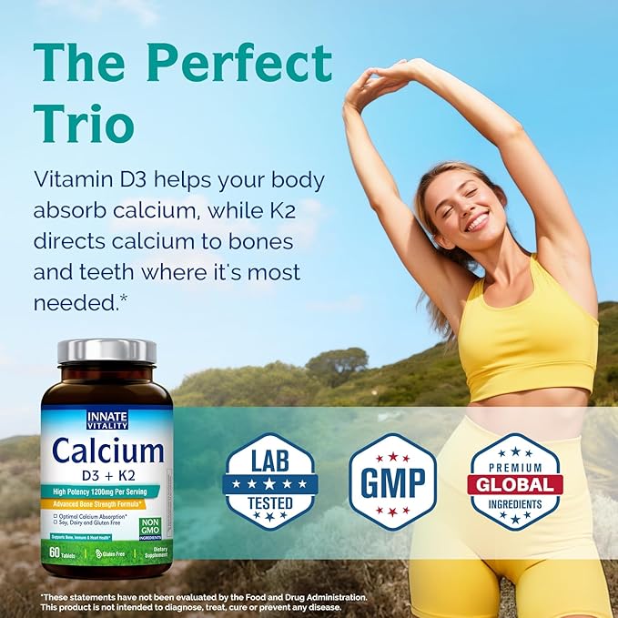Innate Vitality Calcium 1200mg with D3 &amp K2 + Women's Probiotics 120B CFU Bundle | Bone Density &amp Feminine Flora Support with Cranberry Digestive Enzymes &amp pH Balance