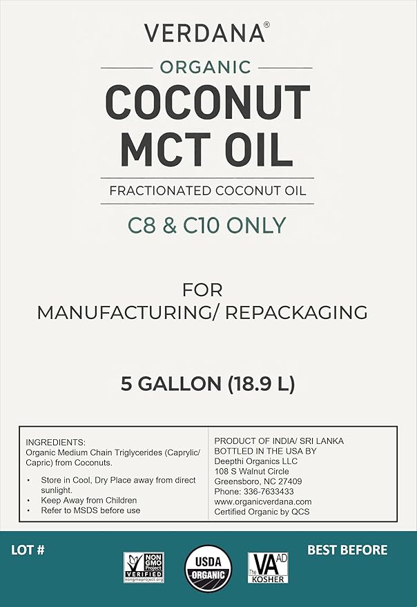 Verdana USDA Organic Coconut MCT Oil 5 Gallon (18.9 L) Bulk Size C8 &amp C10 Only Food Grade Non-GMO Kosher No Palm Kernel Oil