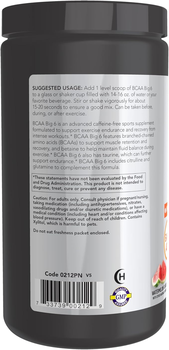 NOW Foods Sports Nutrition BCAA (Branched Chain Amino Acids) Big 6 Watermelon Flavor 600 Grams