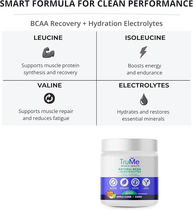 TruMe BCAA Powder with Electrolytes - Sugar Free Amino Acids Supplement - Apple Cider - Informed Sport Certified Post Workout Recovery - 30 Servings