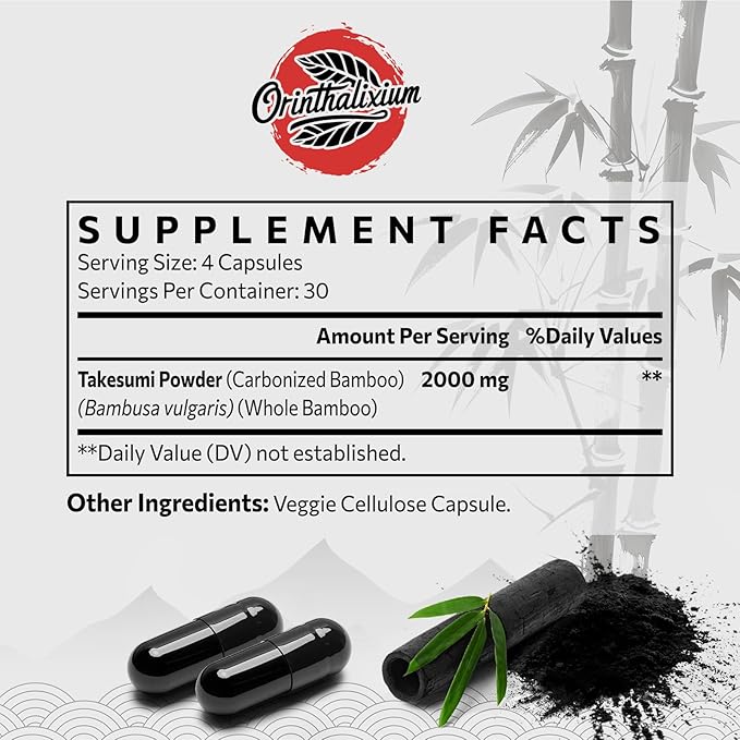 Orinthalixium Takesumi Activated Charcoal 2000mg – Activated Charcoal from Bamboo for Max Absorption Detox &amp Gut 120 Vegan Capsules