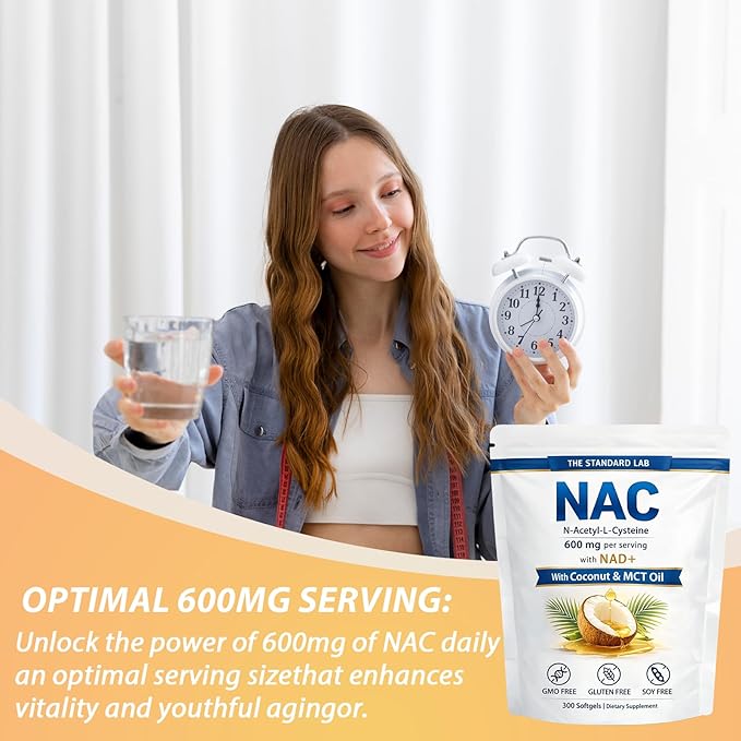 The Standard Lab NAC 600mg with NAD+ Daily Complex N-Acetyl Cysteine Supplement Capsules Antioxidant Support Formula Vegan Non-GMO Gluten Free 300 Softgels