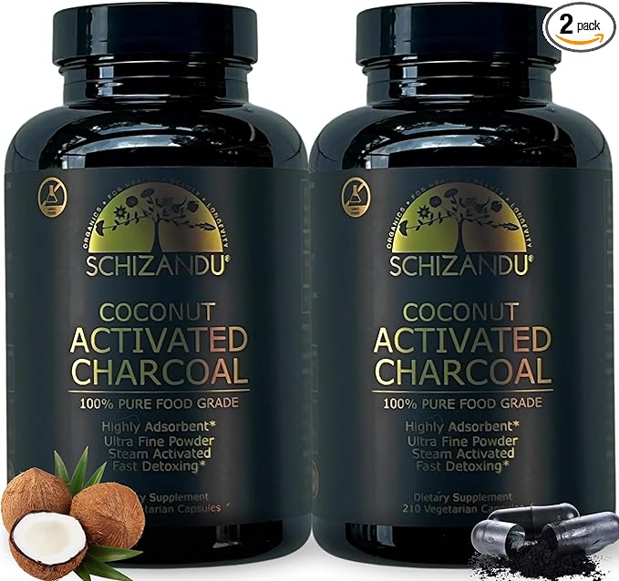 Schizandu Activated Coconut Charcoal Capsules- Supports Health - Vegan Organic Non-GMO No Additives - X-Large Bottle 210 Count - Pack of 2