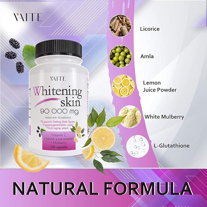 VAITE Glutathione Whitening Pills - Dark Spots &amp Acne Scar Remover - 90000mg - Vegan Skin Bleaching Pills with Anti-Aging &amp Antioxidant Effect - 120 Capsules (2 Pack)