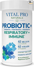 Vital Pro Naturals - Respiratory and Immune Probiotics + Prebiotics Postbiotics Parabiotics Health Supplement for Adults High Potency 65 Billion CFU 65 Strains Supports Intestinal Health 30 ct