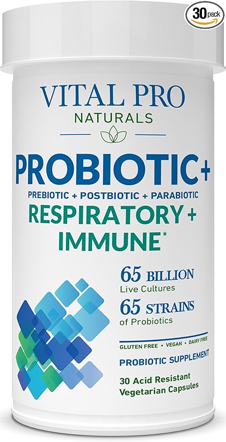 Vital Pro Naturals - Respiratory and Immune Probiotics + Prebiotics Postbiotics Parabiotics Health Supplement for Adults High Potency 65 Billion CFU 65 Strains Supports Intestinal Health 30 ct